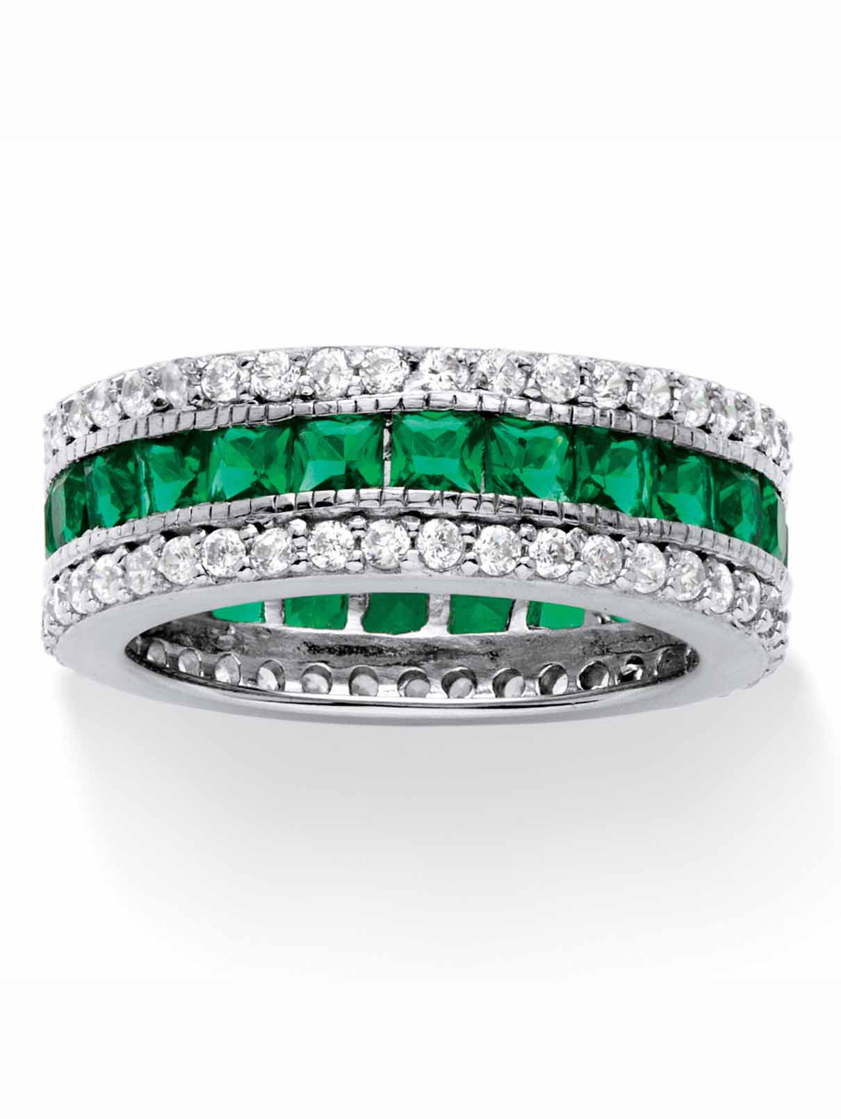 PalmBeach Jewelry 6.03 TCW Princess-Cut Simulated Emerald Eternity Ring in Platinum-plated Sterling Silver